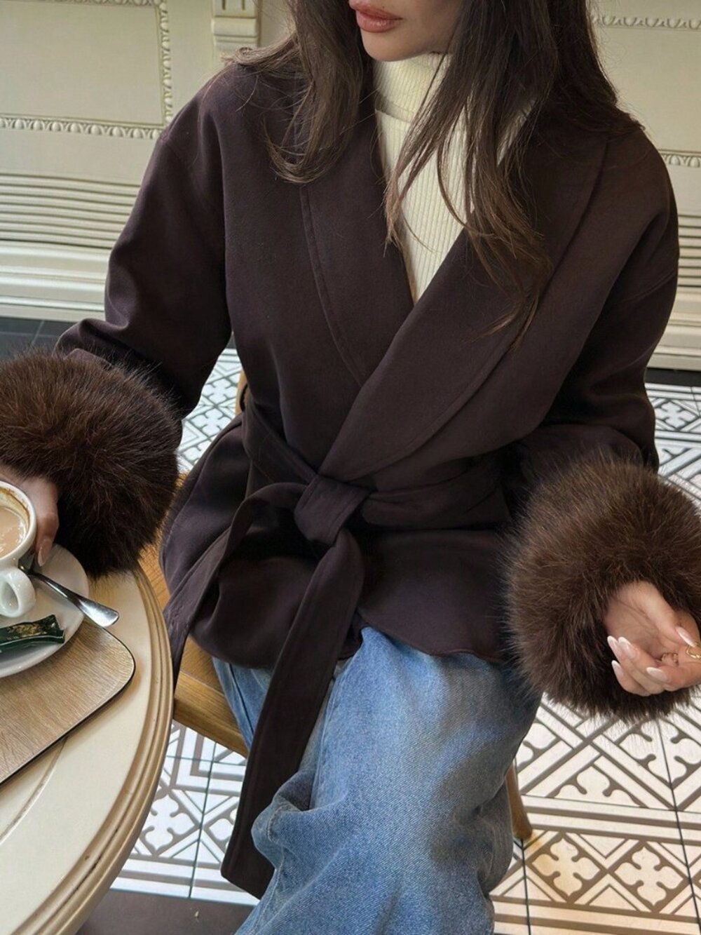 Coffee Brown Casual Women's Fuzzy Cuff Overcoat - Picture 7 of 8